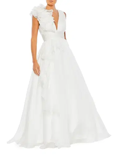 Mac Duggal Women's Ruffle Shoulder V-Neck Gown - White - Size 16 | Thumbnail 1 Mac Duggal Women's Ruffle Shoulder V-Neck Gown - White - Size 16 | Thumbnail 1