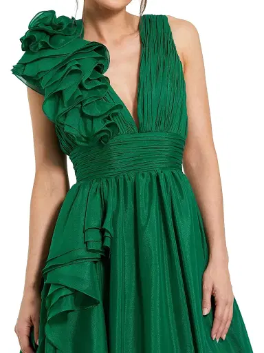 Mac Duggal Women's Ruffle Shoulder V-Neck Gown - Emerald - Size 16 | Thumbnail 3