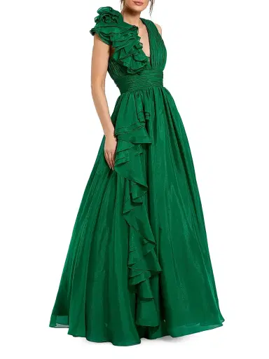 Mac Duggal Women's Ruffle Shoulder V-Neck Gown - Emerald - Size 16 | Thumbnail 1