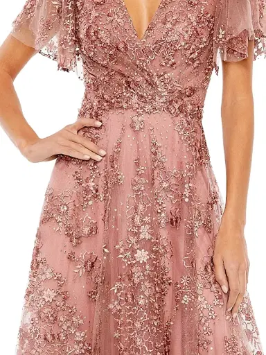 Mac Duggal Women's Embellished Flutter Sleeve Faux Wrap Gown - Mauve - Size 18 | Thumbnail 3