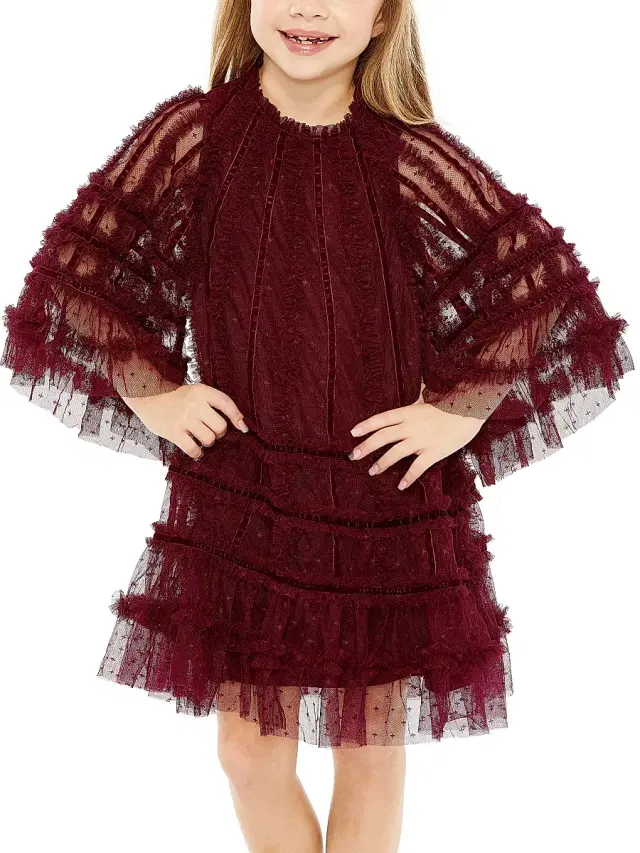 Mac Duggal Little Girl's & Girl's Velvet-Trimmed Ruffle Minidress - Crimson