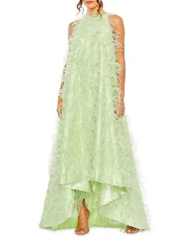 Mac Duggal Women's Feather-Embellished Satin High-Low Evening Gown - Mint - Size 12 | Thumbnail 1