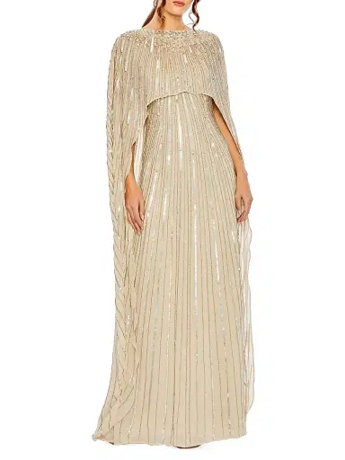 Mac Duggal Women's Sequined Column Cape Gown - Champagne - Size 6 | Thumbnail 1 Mac Duggal Women's Sequined Column Cape Gown - Champagne - Size 6 | Thumbnail 1