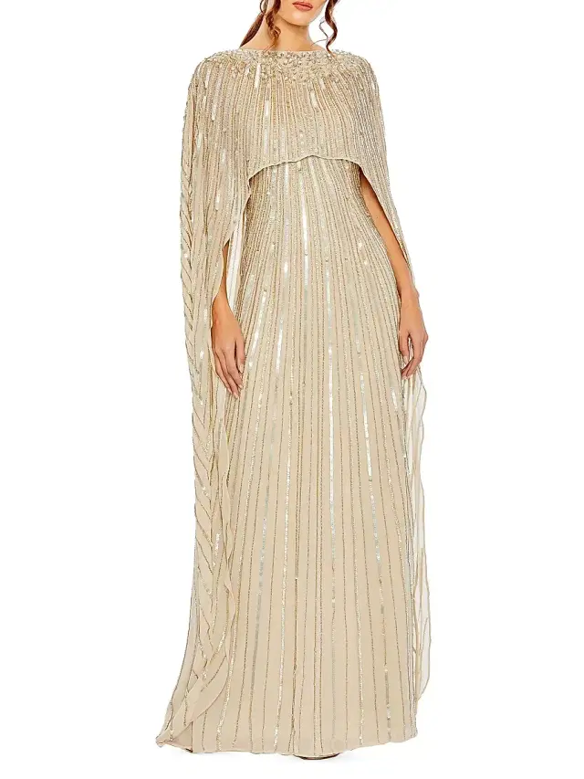 Mac Duggal Women's Sequined Column Cape Gown - Champagne