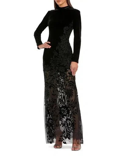 Mac Duggal Women's Floral Mixed-Media Long-Sleeve Gown - Black - Size XL | Thumbnail 1 Mac Duggal Women's Floral Mixed-Media Long-Sleeve Gown - Black - Size XL | Thumbnail 1