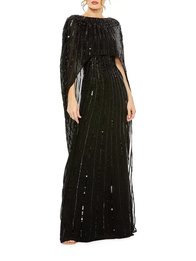 Women's Sequined Column Cape Gown - Black
