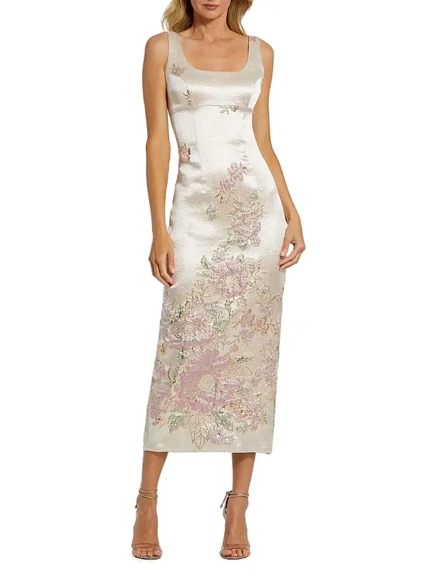 Women's Satin Bustier Brocade Midi-Dress - Champange Multi