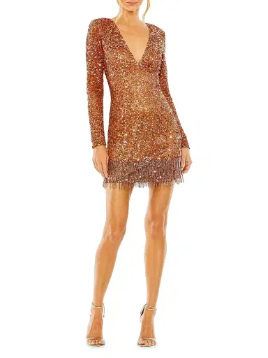 Mac Duggal Women's Sequined V-Neck Fringe Minidress - Copper - Size 12 | Thumbnail 2