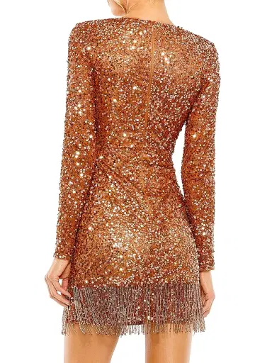 Mac Duggal Women's Sequined V-Neck Fringe Minidress - Copper - Size 12 | Thumbnail 3