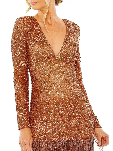 Mac Duggal Women's Sequined V-Neck Fringe Minidress - Copper - Size 12 | Thumbnail 4
