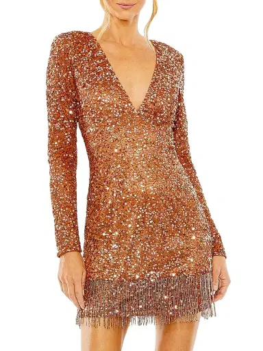 Mac Duggal Women's Sequined V-Neck Fringe Minidress - Copper - Size 12 | Thumbnail 1