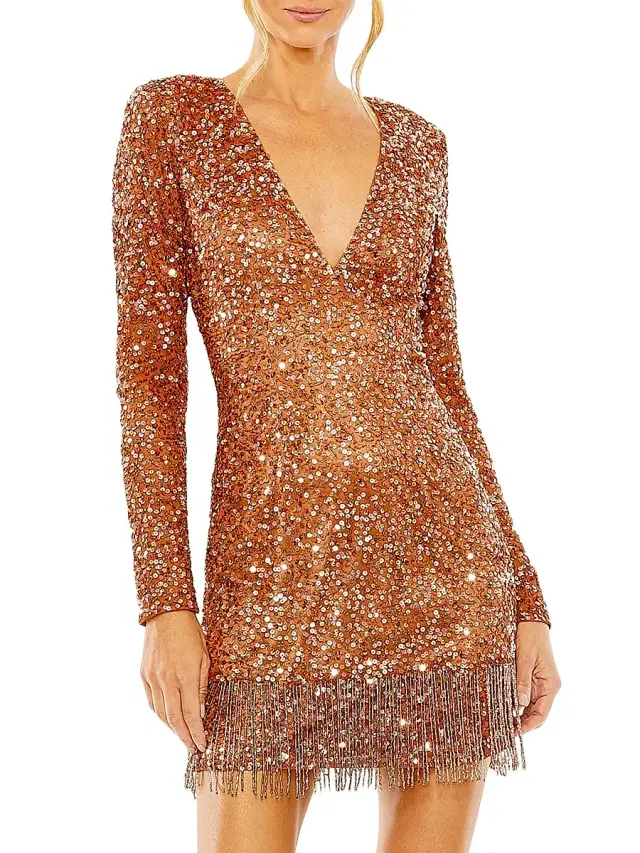 Women's Sequined V-Neck Fringe Minidress - Copper