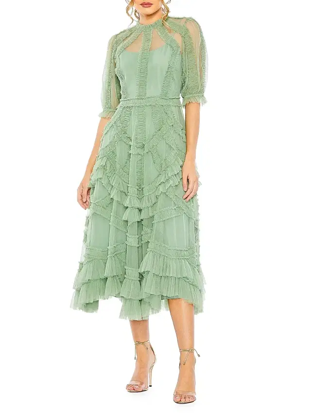 Mac Duggal Women's High-Neck Gathered Tulle Midi-Dress - Jade