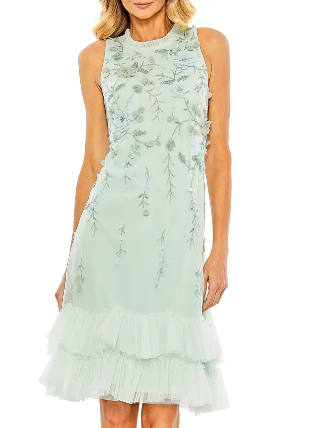 Mac Duggal Women's Cocktail Floral Embellished Chiffon Tiered Dress - Seafoam