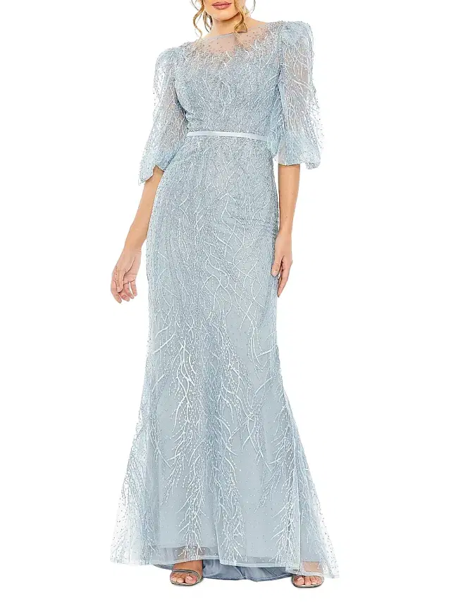 Women's Evening Tulle Puff-Sleeve Gown - Ice Blue