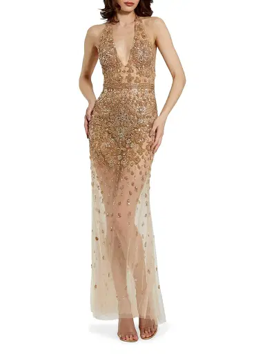 Mac Duggal Women's Ieena Halterneck Embellished Sheer Gown | Thumbnail 1 Mac Duggal Women's Ieena Halterneck Embellished Sheer Gown | Thumbnail 1