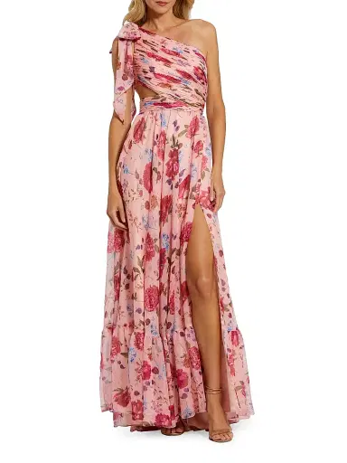 Mac Duggal Women's Floral Chiffon Cut-Out One-Shoulder Gown - Blush Multi - Size 12 | Thumbnail 1 Mac Duggal Women's Floral Chiffon Cut-Out One-Shoulder Gown - Blush Multi - Size 12 | Thumbnail 1