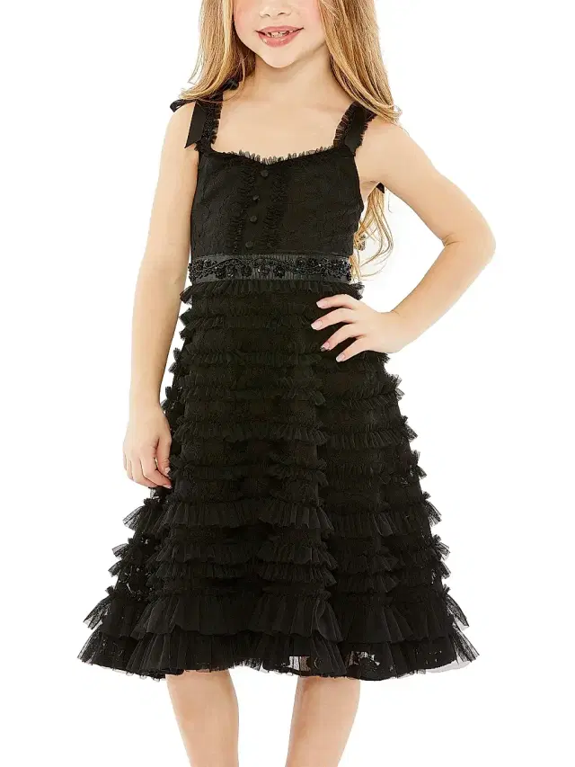 Mac Duggal Little Girl's & Girl's Beaded Bow Strap Ruffle Lace Dress - Black