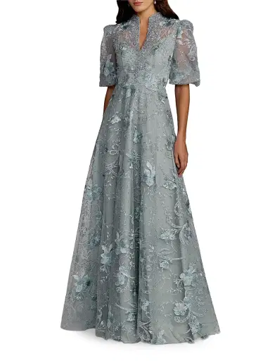 Mac Duggal Women's Floral-Embroidered Puff A-Line Gown - French Blue - Size 16 | Thumbnail 1 Mac Duggal Women's Floral-Embroidered Puff A-Line Gown - French Blue - Size 16 | Thumbnail 1