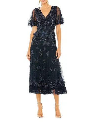 Mac Duggal Women's Floral Embellished Tiered Midi-Dress - Midnight - Size 20 | Thumbnail 1