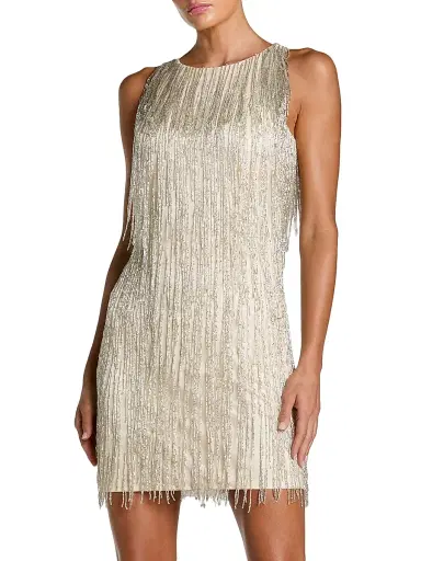 Mac Duggal Women's Beaded Fringe Body-Con Minidress - Beige Silver - Size 12 | Thumbnail 1 Mac Duggal Women's Beaded Fringe Body-Con Minidress - Beige Silver - Size 12 | Thumbnail 1