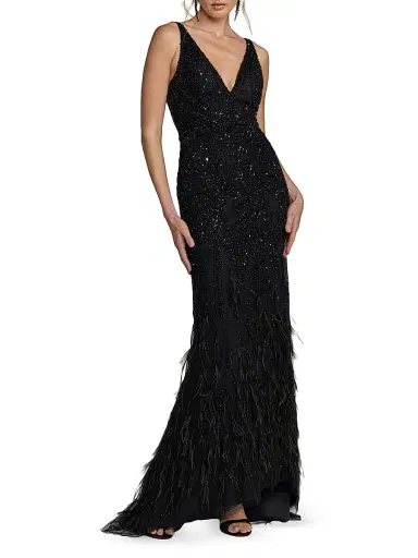 Mac Duggal Women's Embellished Feather-Trim V-Neck Gown - Black - Size 12 | Thumbnail 1 Mac Duggal Women's Embellished Feather-Trim V-Neck Gown - Black - Size 12 | Thumbnail 1