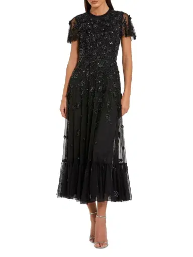 Mac Duggal Women's Sequined Floral Tulle Midi-Dress - Black - Size 20 | Thumbnail 1