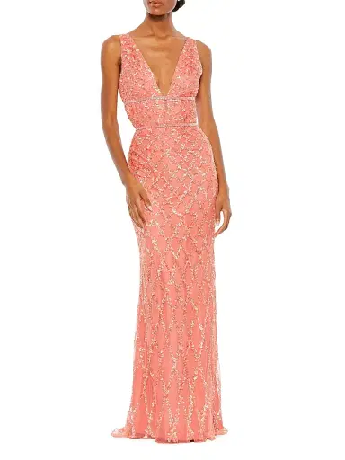 Mac Duggal Women's Embellished V-Neck Column Gown - Coral | Thumbnail 1 Mac Duggal Women's Embellished V-Neck Column Gown - Coral | Thumbnail 1