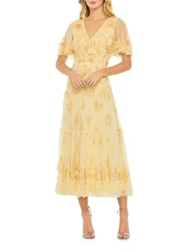 Mac Duggal Women's Floral Embellished Tiered Midi-Dress - Butter - Size 16 | Thumbnail 1 Mac Duggal Women's Floral Embellished Tiered Midi-Dress - Butter - Size 16 | Thumbnail 1