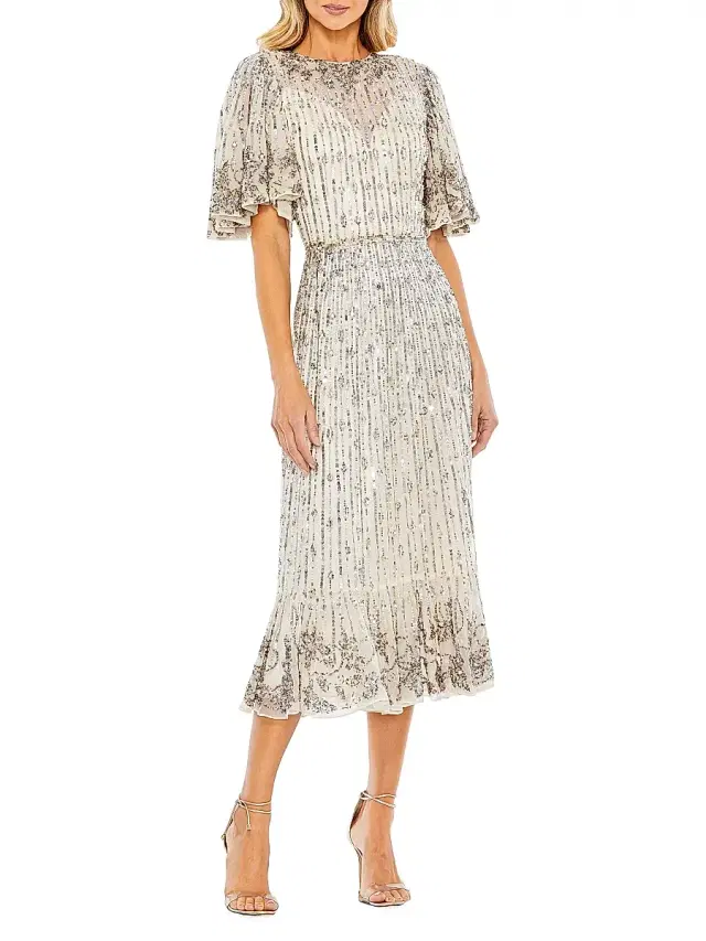 Mac Duggal Women's Flounce Sleeve Midi-Dress - Silver