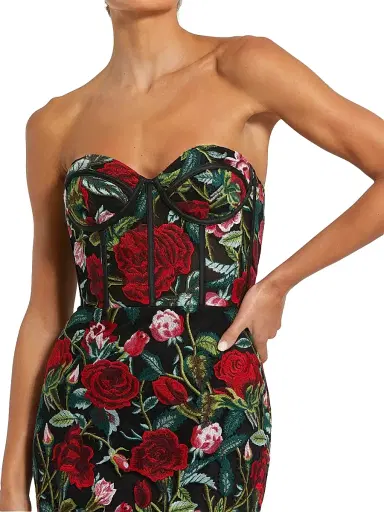 Mac Duggal Women's Floral Embroidered Bustier Column Gown - Black Multi - Size 14 | Thumbnail 3