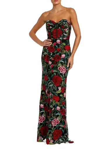 Mac Duggal Women's Floral Embroidered Bustier Column Gown - Black Multi - Size 14 | Thumbnail 1