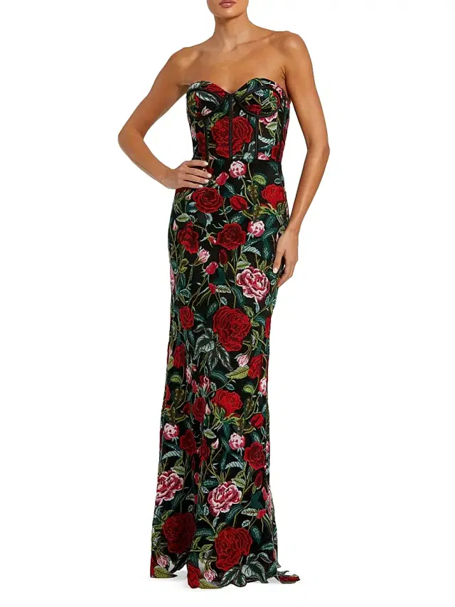 Women's Floral Embroidered Bustier Column Gown - Black Multi