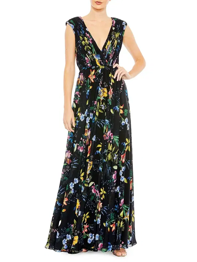 Mac Duggal Women's Pleated Floral A-Line Gown - Black Multi