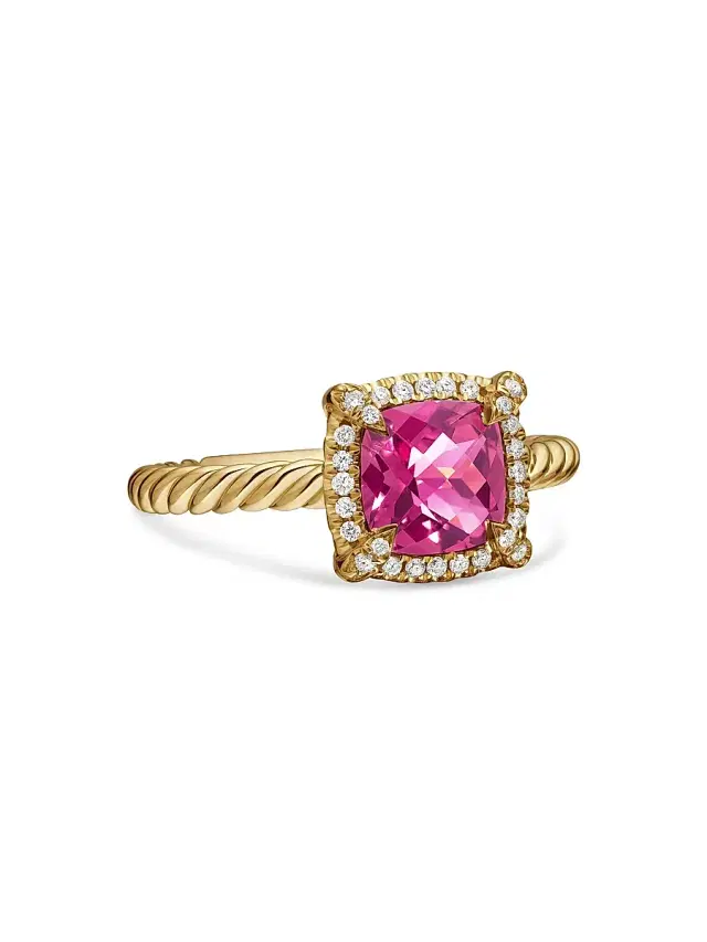 Women's Petite Chatelaine Pavé Bezel Ring in 18K Yellow Gold with Diamonds - Pink Tourmaline