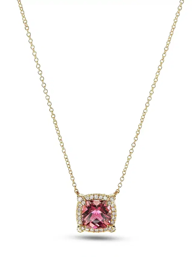 Women's Petite Chatelaine Pavé Bezel Pendant Necklace in 18K Yellow Gold with Diamonds - Pink Tourmaline