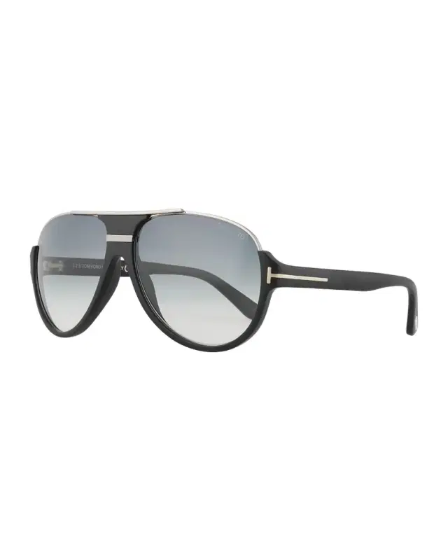 TOM FORD Dimitry Half-Rim Aviator Sunglasses, Matte Black/Shiny Dark Ruthenium/Gradient Blue