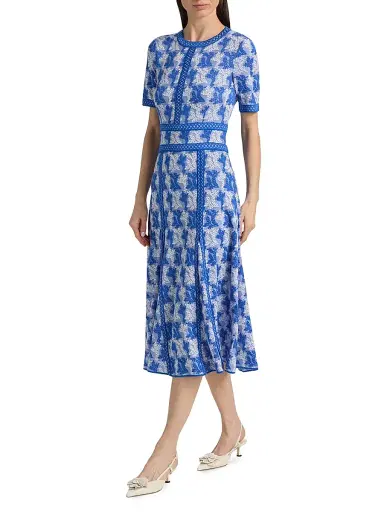 Misook Women's Botanical Intarsia-Knit Fit-&-Flare Maxi Dress - Aegean Blue White - Size XXL | Thumbnail 2