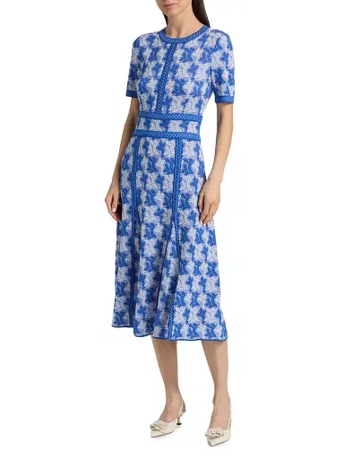 Misook Women's Botanical Intarsia-Knit Fit-&-Flare Maxi Dress - Aegean Blue White - Size XXL | Thumbnail 3
