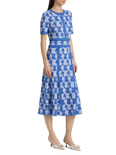 Misook Women's Botanical Intarsia-Knit Fit-&-Flare Maxi Dress - Aegean Blue White - Size XXL | Thumbnail 4