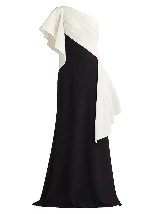 Women's Pleated Draped One-Shoulder Gown - White Black