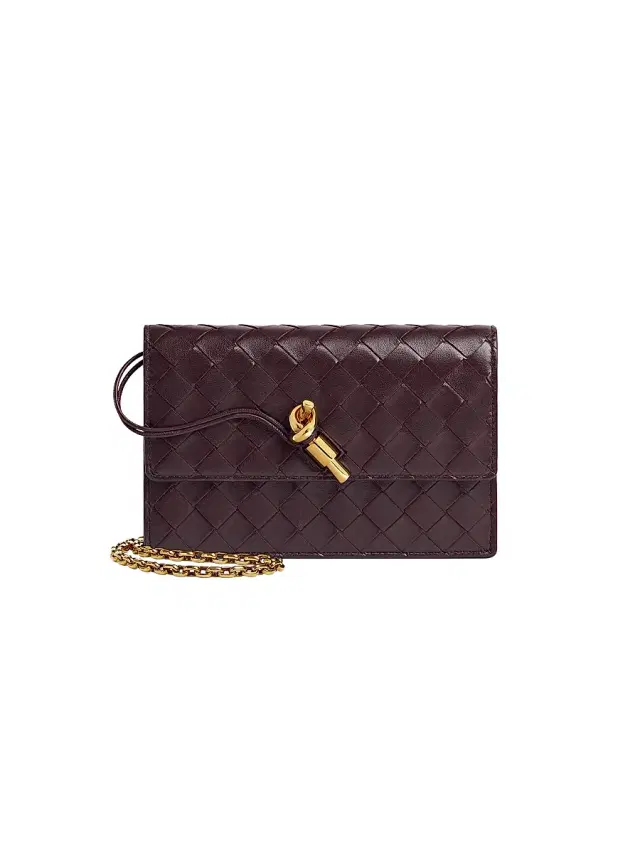 Women's Andiamo Intrecciato Leather Chain Pouch - Dark Barolo Brass