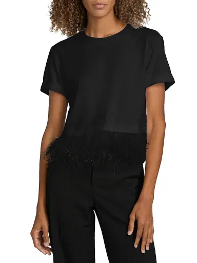 Cinq à Sept Women's Feather-Trim Stretch-Cotton Crop T-Shirt - Black | Thumbnail 3