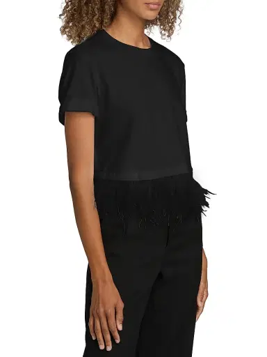 Cinq à Sept Women's Feather-Trim Stretch-Cotton Crop T-Shirt - Black | Thumbnail 4
