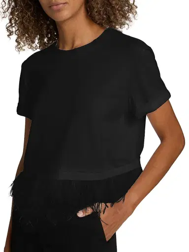 Cinq à Sept Women's Feather-Trim Stretch-Cotton Crop T-Shirt - Black | Thumbnail 6