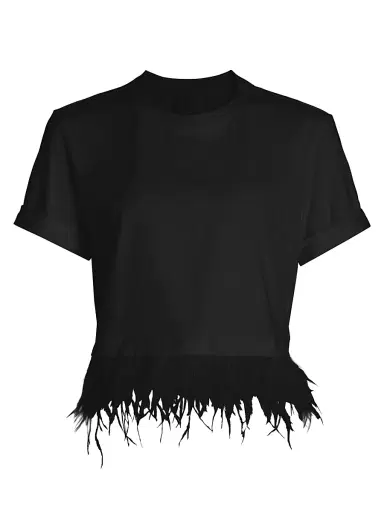 Cinq à Sept Women's Feather-Trim Stretch-Cotton Crop T-Shirt - Black | Thumbnail 1