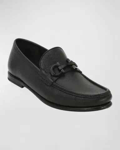 Ferragamo Men's Crown Textured Leather Gancini Moccasin Loafers | Thumbnail 2 Ferragamo Men's Crown Textured Leather Gancini Moccasin Loafers | Thumbnail 2