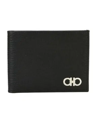 FERRAGAMO Men's Revival Gancini Bi-Fold Leather Wallet, Black/Red | Thumbnail 1