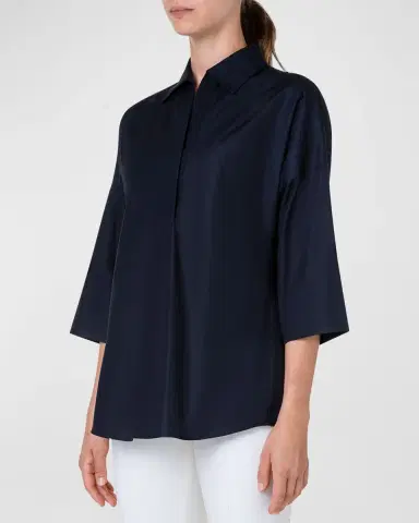 Akris punto Kimono-Sleeve Split-Neck Blouse | Thumbnail 3