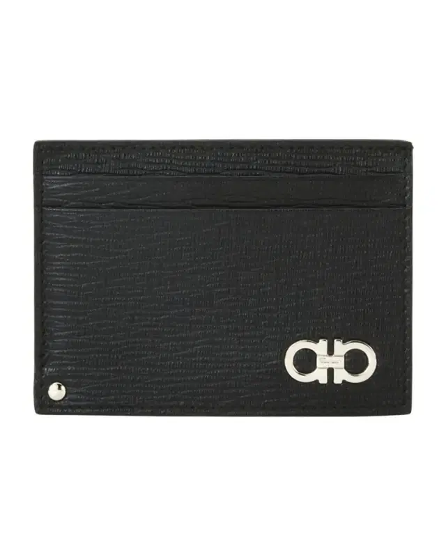 Ferragamo Men 's Revival Gancini Leather Card Case with Flip-Out ID Window, Black/Red